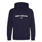 Bobby Charlton hoodie – navy kids' hoodie with white Bobby Charlton letters and Players Couture logo on the chest