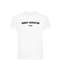 Bobby Charlton t-shirt – white kids' t-shirt with black Bobby Charlton letters and Players Couture logo on the chest