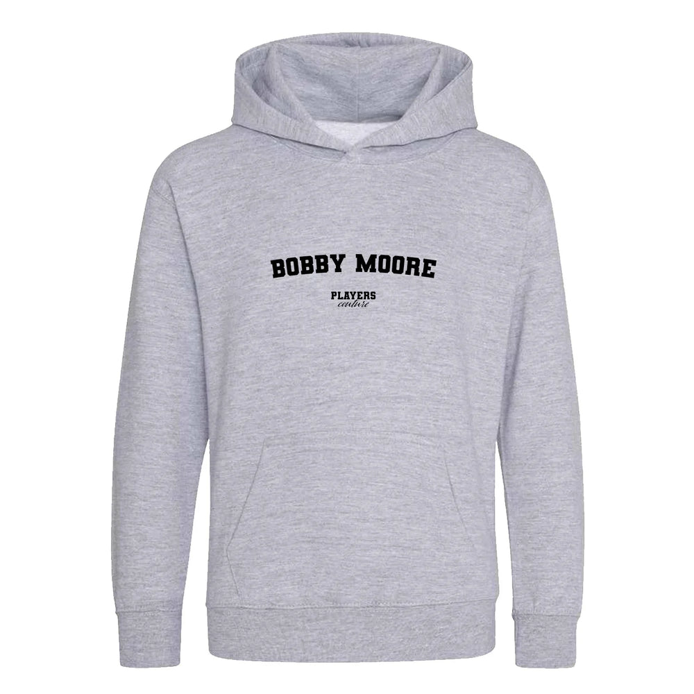 Bobby Moore hoodie – grey kids' hoodie with black Bobby Moore letters and Players Couture logo on the chest