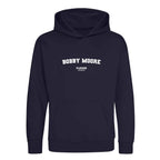 Bobby Moore hoodie – navy kids' hoodie with white Bobby Moore letters and Players Couture logo on the chest