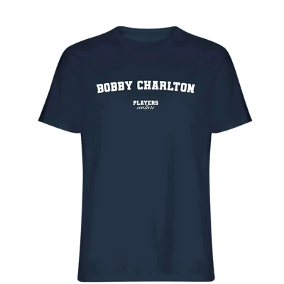 Bobby Charlton t-shirt – navy men's t-shirt with white Bobby Charlton letters and Players Couture logo on the chest