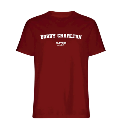 Bobby Charlton t-shirt – red men's t-shirt with white Bobby Charlton letters and Players Couture logo on the chest