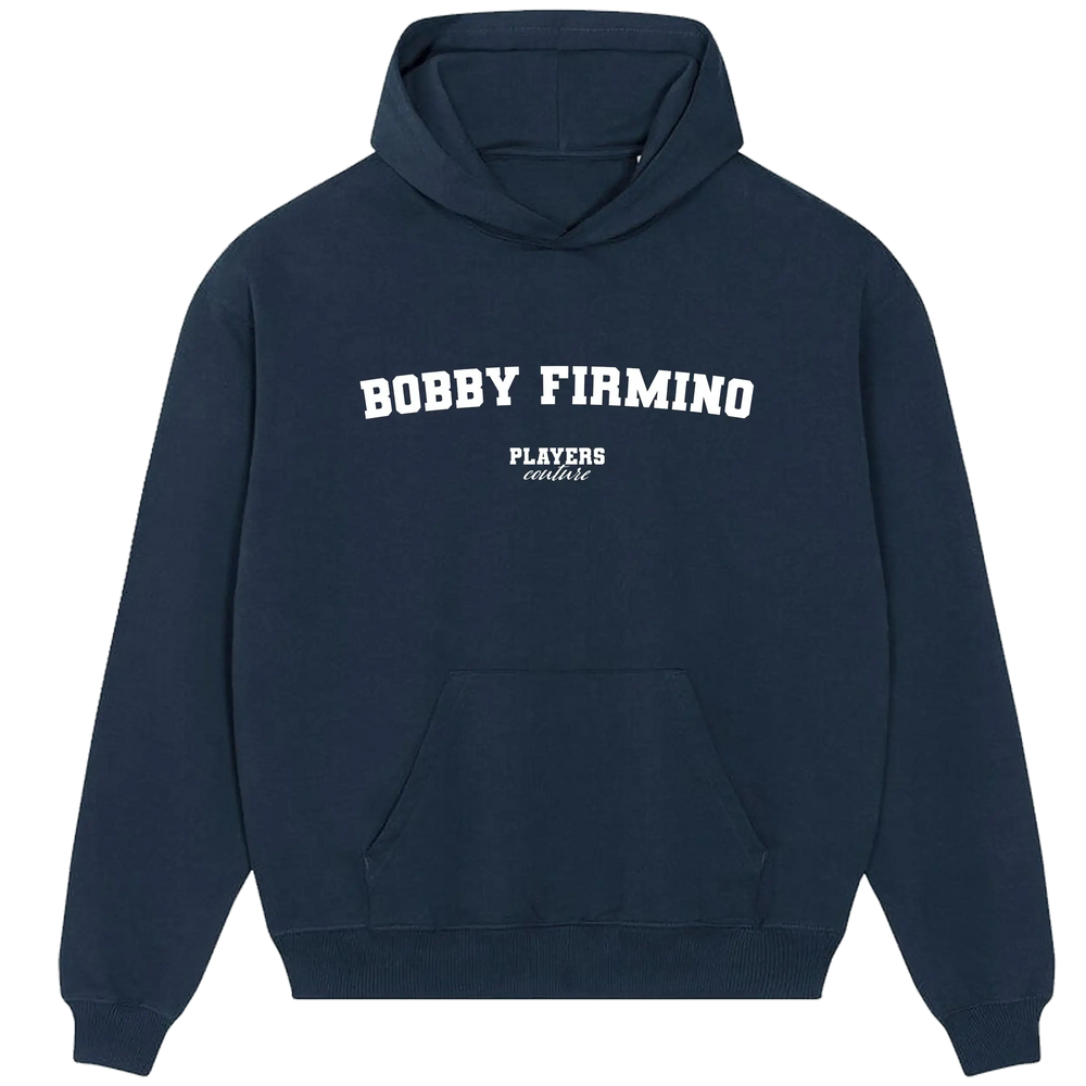Navy Players Couture men's hoodie with Bobby Firmino text, premium sports fanwear.