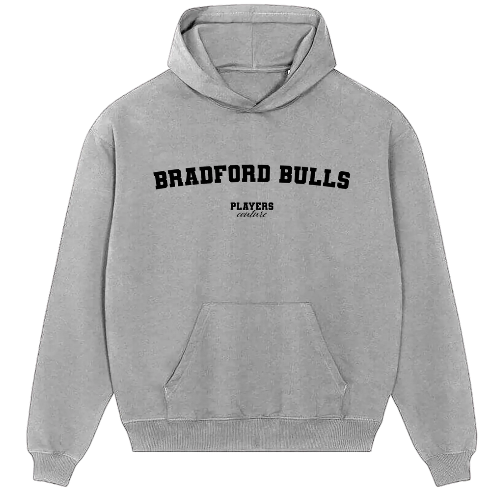Bradford Bulls hoodie – grey men's hoodie with black Bradford Bulls letters and Players Couture logo on the chest