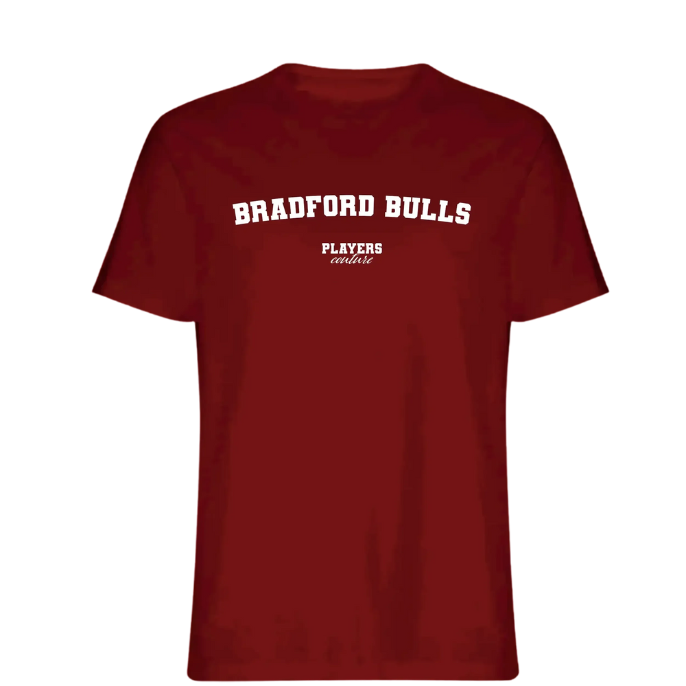 Bradford Bulls t-shirt – red men's t-shirt with white Bradford Bulls letters and Players Couture logo on the chest