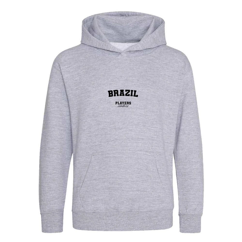 Brazil hoodie – grey kids' hoodie with black Brazil letters and Players Couture logo on the chest