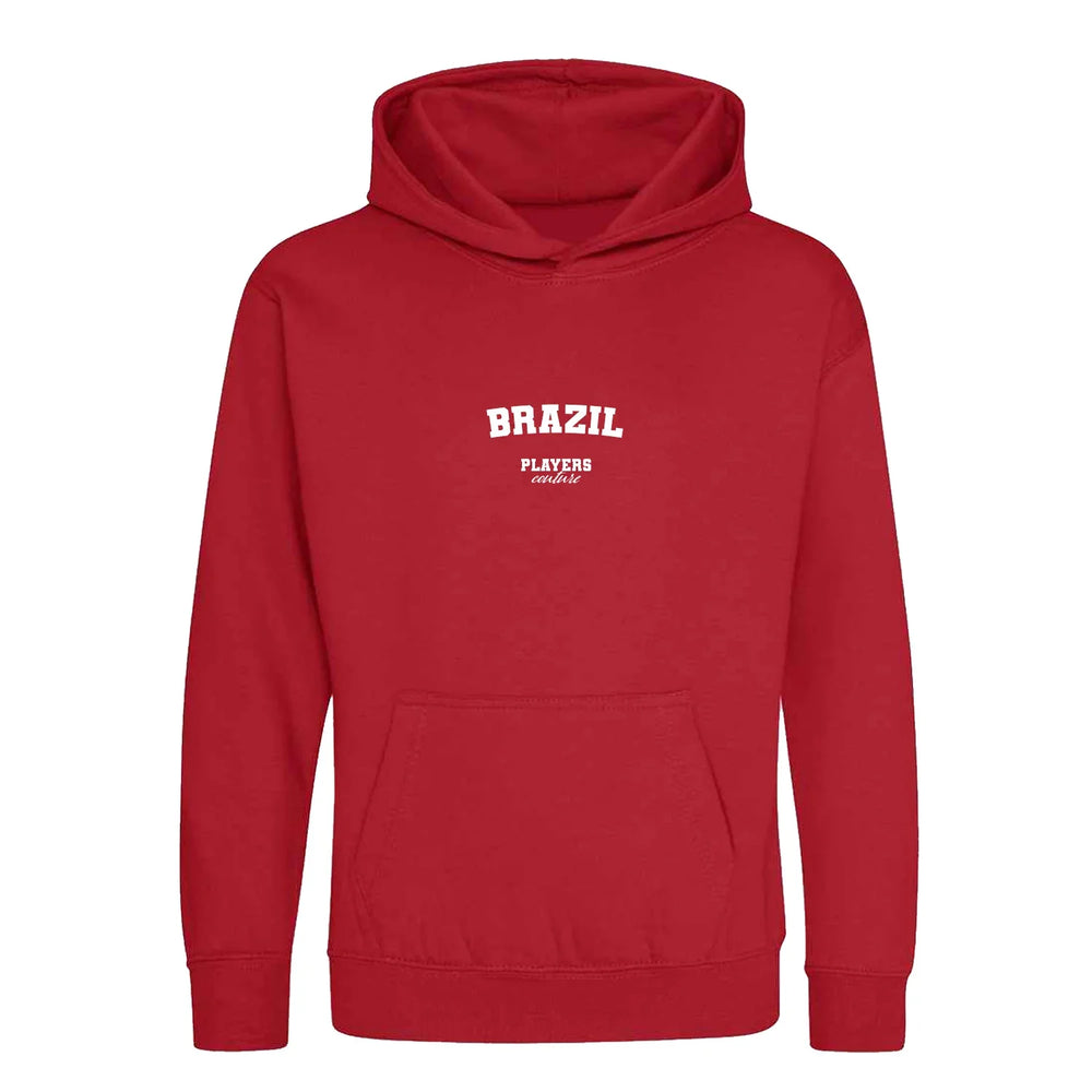Brazil hoodie – red kids' hoodie with white Brazil letters and Players Couture logo on the chest