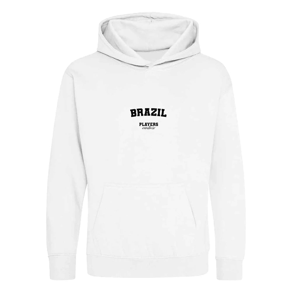 Brazil hoodie – white kids' hoodie with black Brazil letters and Players Couture logo on the chest