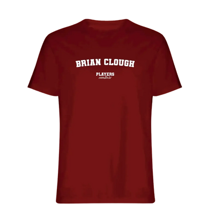 Brian Clough t-shirt – red men's t-shirt with white Brian Clough letters and Players Couture logo on the chest