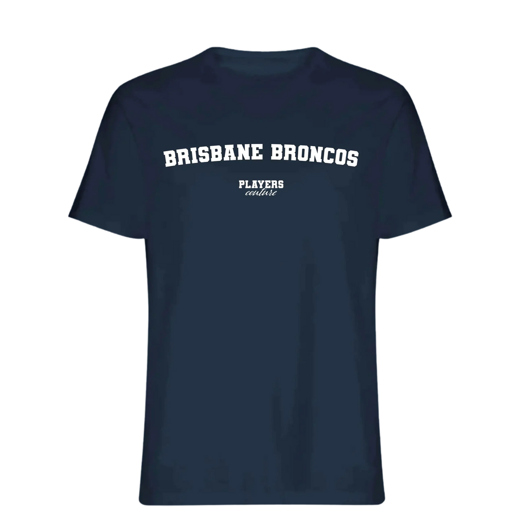 Brisbane Broncos t-shirt – navy men's t-shirt with white Brisbane Broncos letters and Players Couture logo on the chest