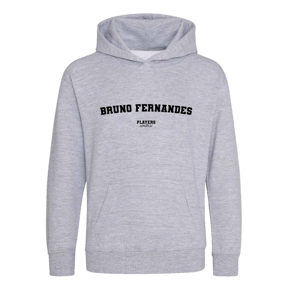 Bruno Fernandes hoodie – grey kids' hoodie with black Bruno Fernandes letters and Players Couture logo on the chest