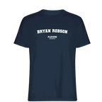 Bryan Robson t-shirt – navy men's t-shirt with white Bryan Robson letters and Players Couture logo on the chest