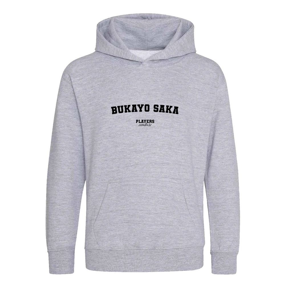 Bukayo Saka hoodie – grey kids' hoodie with black Bukayo Saka letters and Players Couture logo on the chest