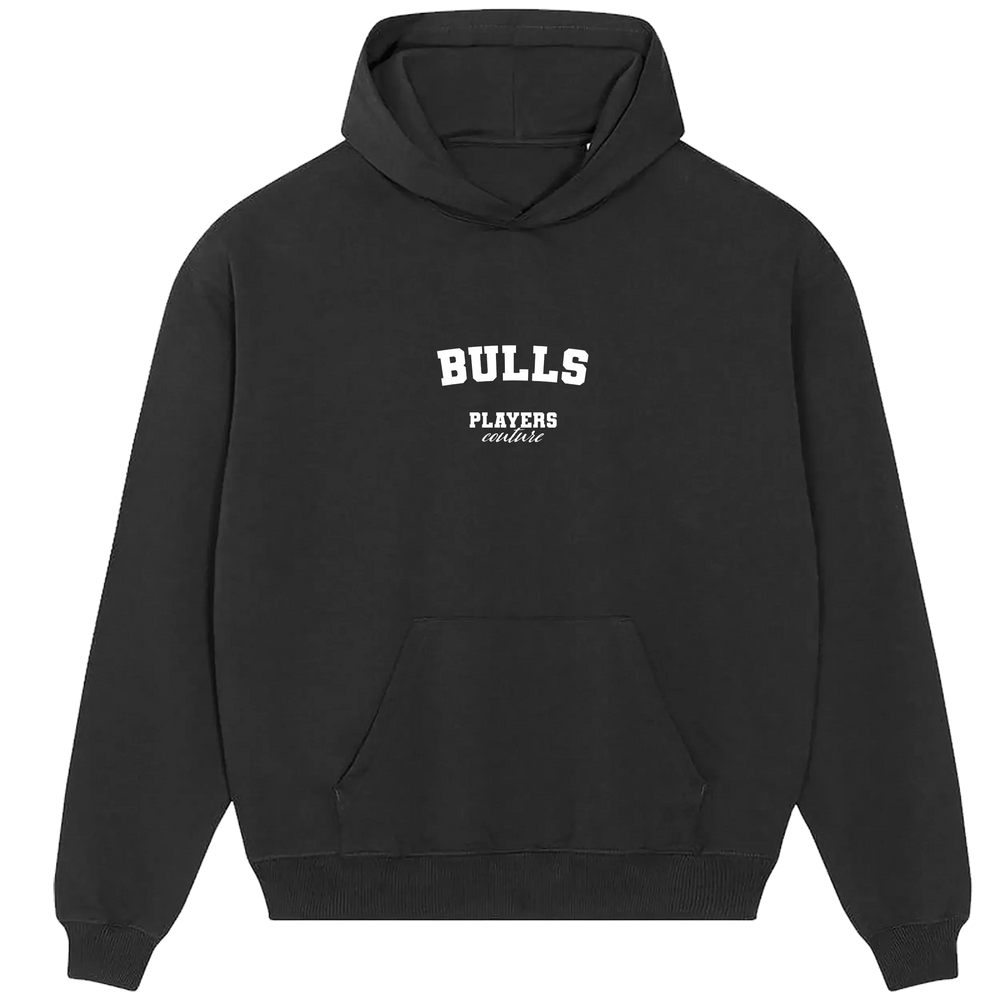 Bulls hoodie – black men's hoodie with white Bulls letters and Players Couture logo on the chest