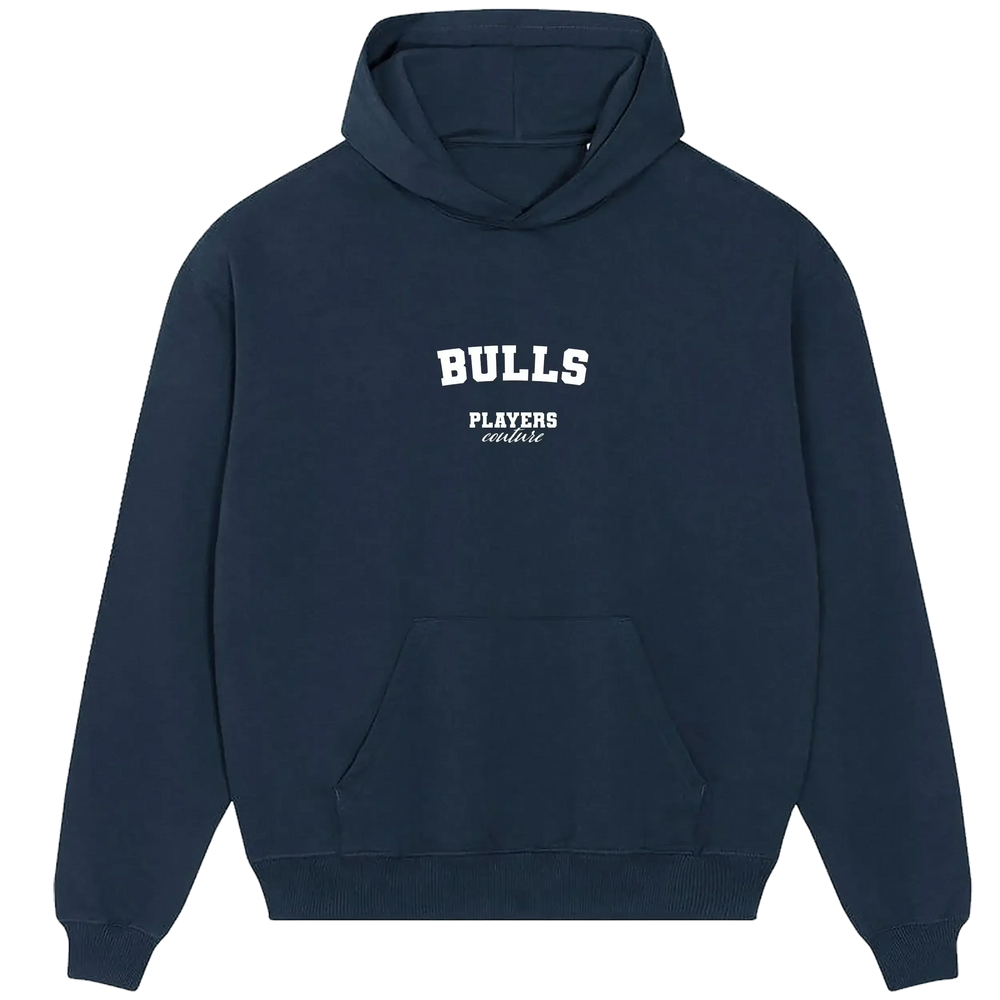 Bulls hoodie – navy men's hoodie with white Bulls letters and Players Couture logo on the chest
