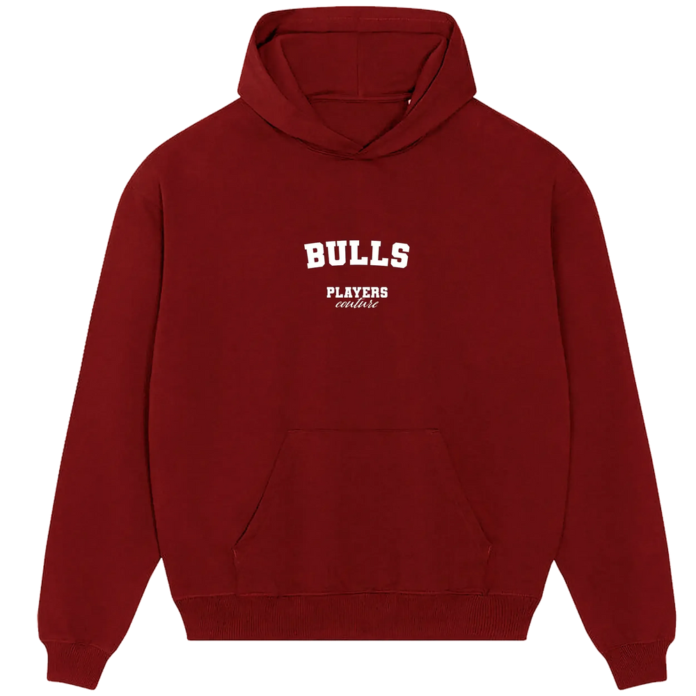 Bulls hoodie – red men's hoodie with white Bulls letters and Players Couture logo on the chest