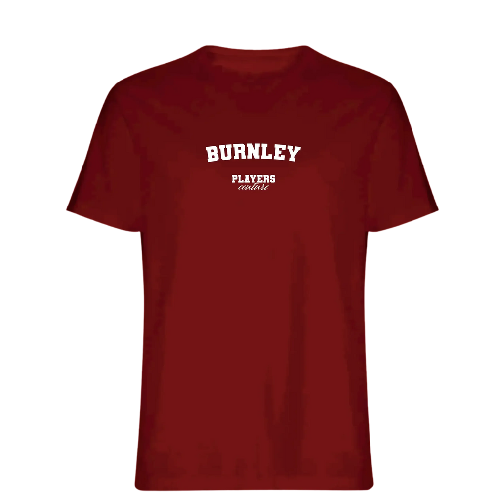 Burnley t-shirt – red men's t-shirt with white Burnley letters and Players Couture logo on the chest