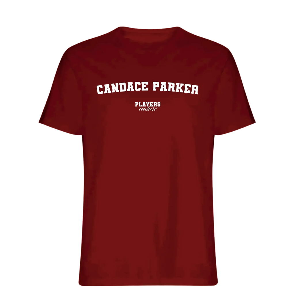 Candace Parker t-shirt – red men's t-shirt with white Candace Parker letters and Players Couture logo on the chest