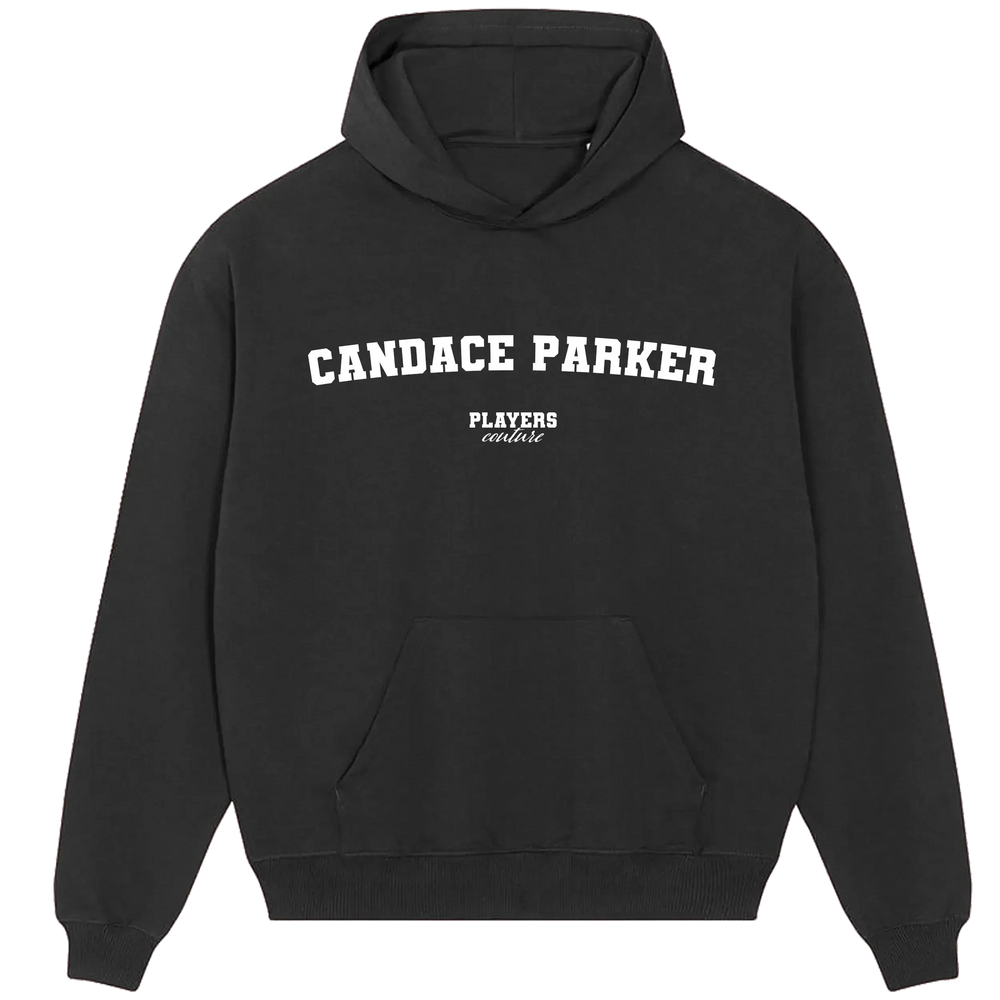 Candace Parker hoodie – black men's hoodie with white Candace Parker letters and Players Couture logo on the chest