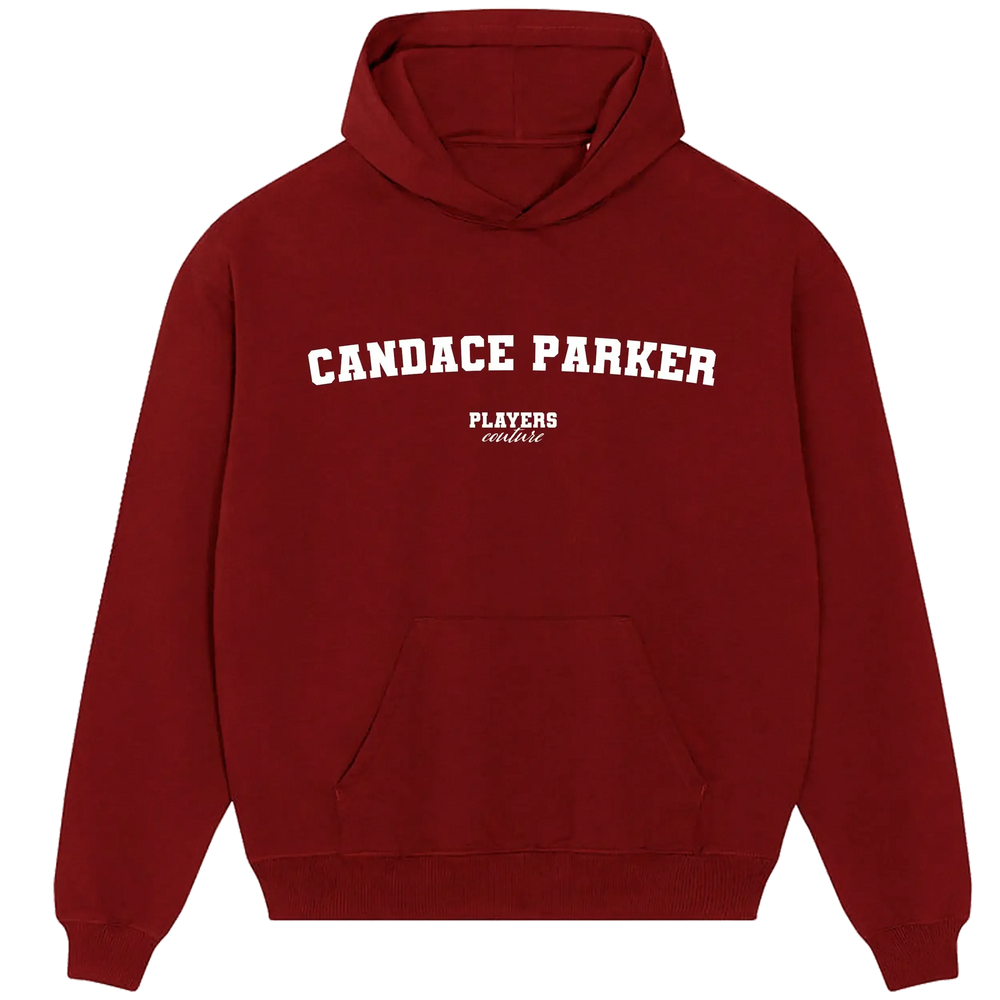 Candace Parker hoodie – red men's hoodie with white Candace Parker letters and Players Couture logo on the chest