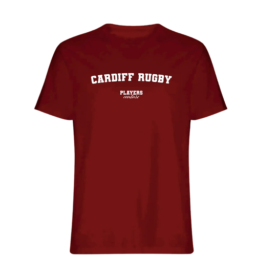 Cardiff Rugby t-shirt – red men's t-shirt with white Cardiff Rugby letters and Players Couture logo on the chest
