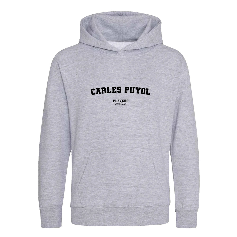 Carles Puyol hoodie – grey kids' hoodie with black Carles Puyol letters and Players Couture logo on the chest