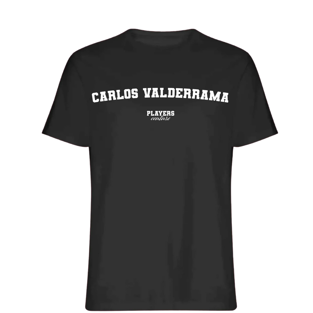 Carlos Valderrama t-shirt – black men's t-shirt with white Carlos Valderrama letters and Players Couture logo on the chest