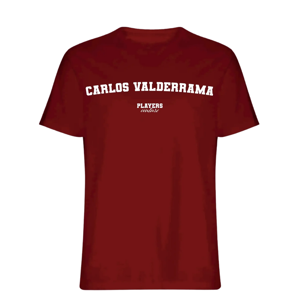 Carlos Valderrama t-shirt – red men's t-shirt with white Carlos Valderrama letters and Players Couture logo on the chest