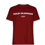 Carlos Valderrama t-shirt – red men's t-shirt with white Carlos Valderrama letters and Players Couture logo on the chest