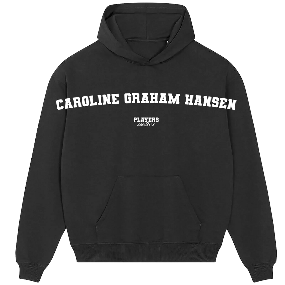 Caroline Graham Hansen hoodie – black men's hoodie with white Caroline Graham Hansen letters and Players Couture logo on the
