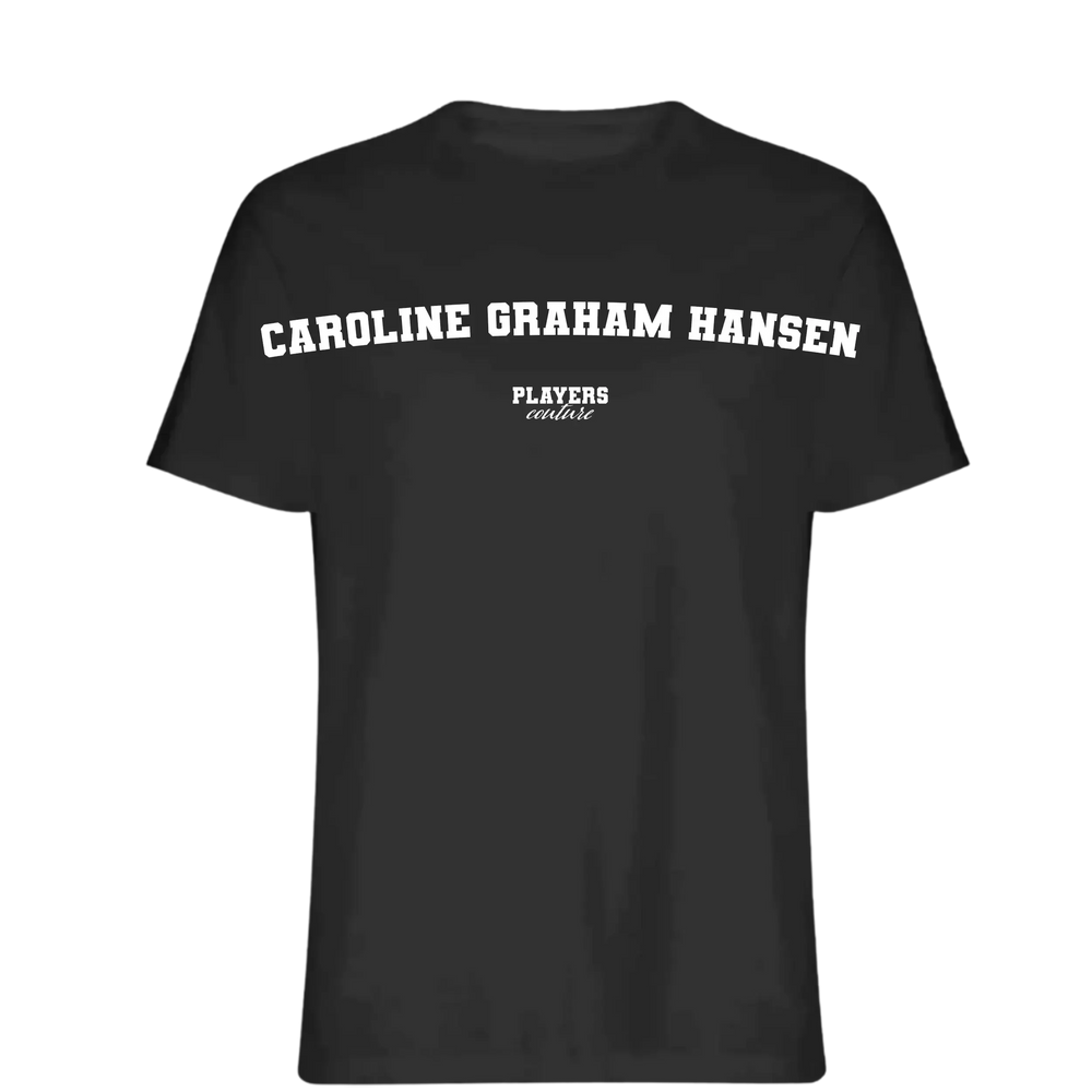 Caroline Graham Hansen t-shirt – black men's t-shirt with white Caroline Graham Hansen letters and Players Couture logo on