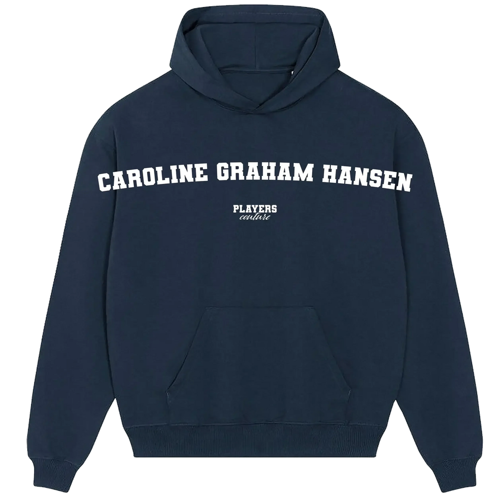 Caroline Graham Hansen hoodie – navy men's hoodie with white Caroline Graham Hansen letters and Players Couture logo on the