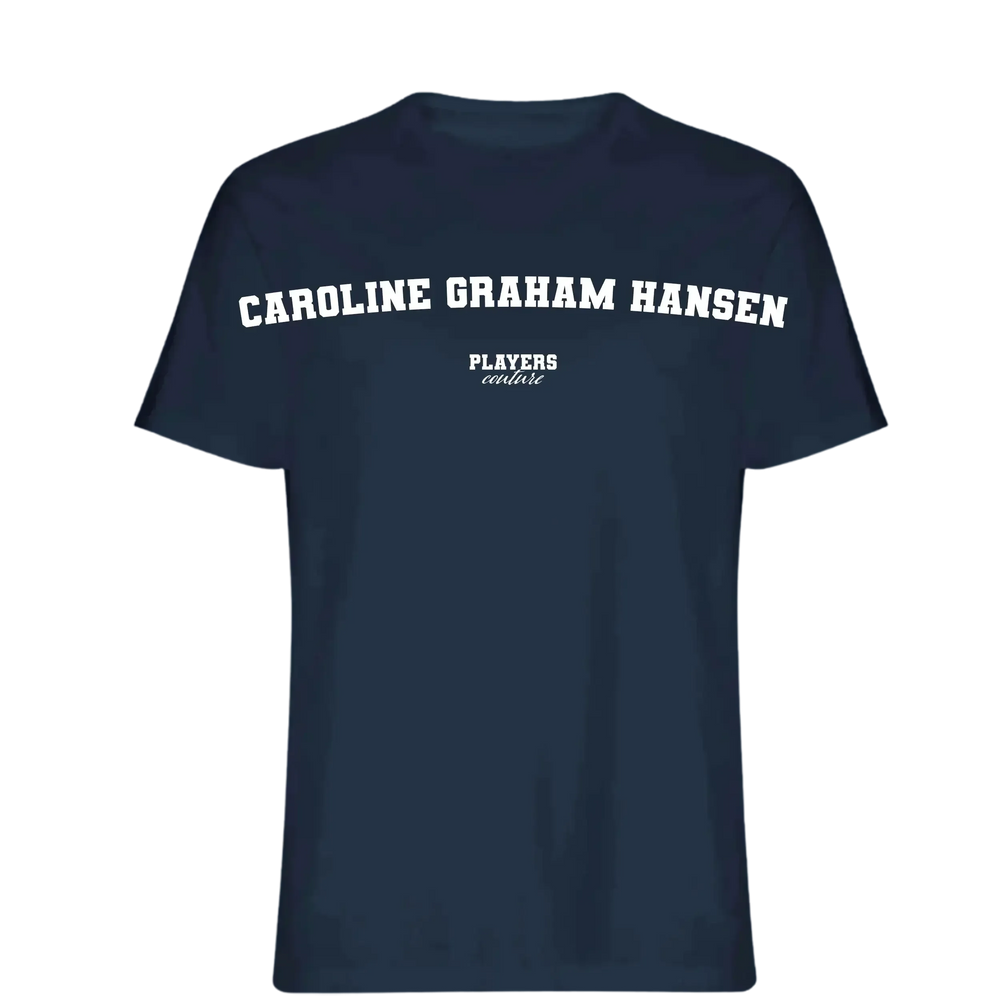 Caroline Graham Hansen t-shirt – navy men's t-shirt with white Caroline Graham Hansen letters and Players Couture logo on