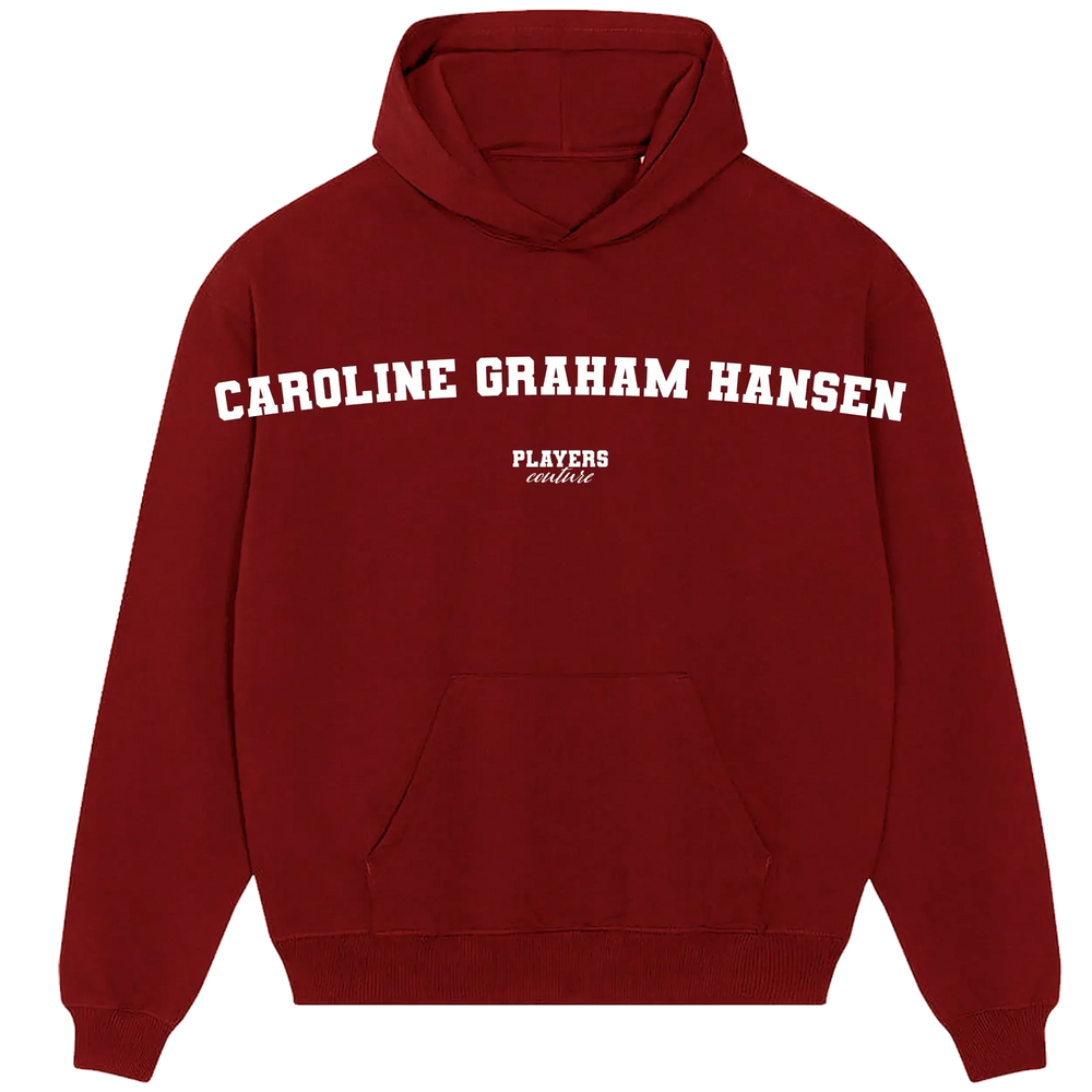 Caroline Graham Hansen hoodie – red men's hoodie with white Caroline Graham Hansen letters and Players Couture logo on the