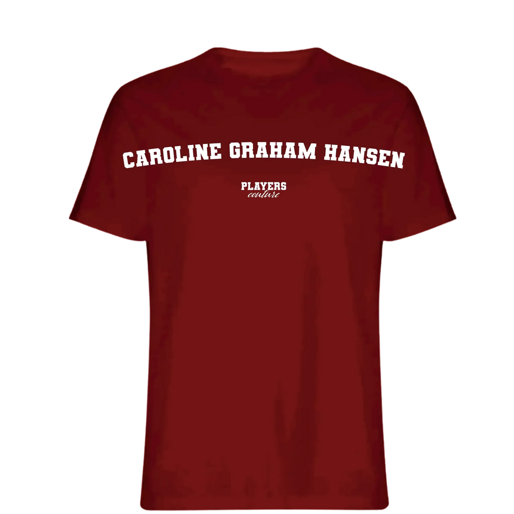 Caroline Graham Hansen t-shirt – red men's t-shirt with white Caroline Graham Hansen letters and Players Couture logo on the