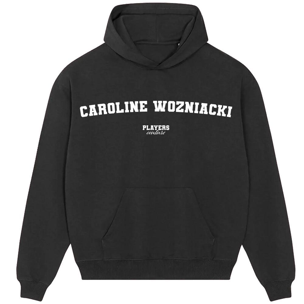 Caroline Wozniacki hoodie – black men's hoodie with white Caroline Wozniacki letters and Players Couture logo on the chest