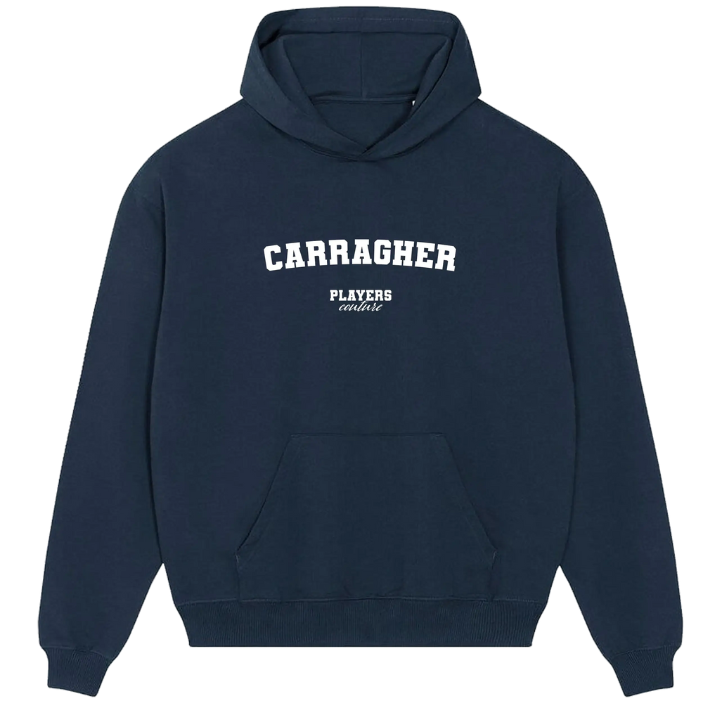 Navy blue Players Couture men's hoodie with 'Carragher' white text, sports fanwear