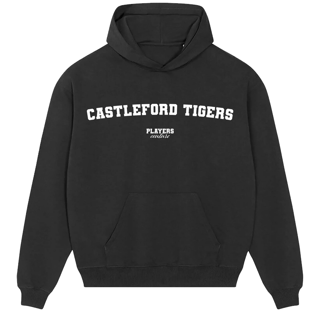Castleford Tigers hoodie – black men's hoodie with white Castleford Tigers letters and Players Couture logo on the chest