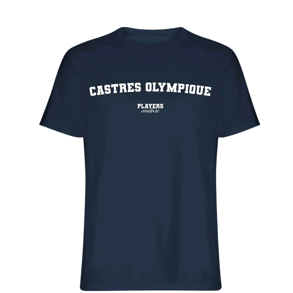 Castres Olympique t-shirt – navy men's t-shirt with white Castres Olympique letters and Players Couture logo on the chest