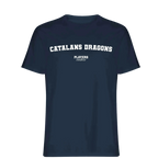 Catalans Dragons t-shirt – navy men's t-shirt with white Catalans Dragons letters and Players Couture logo on the chest