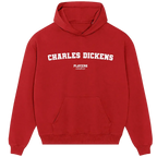 Charles Dickens hoodie – red men's hoodie with white Charles Dickens letters and Players Couture logo on the chest