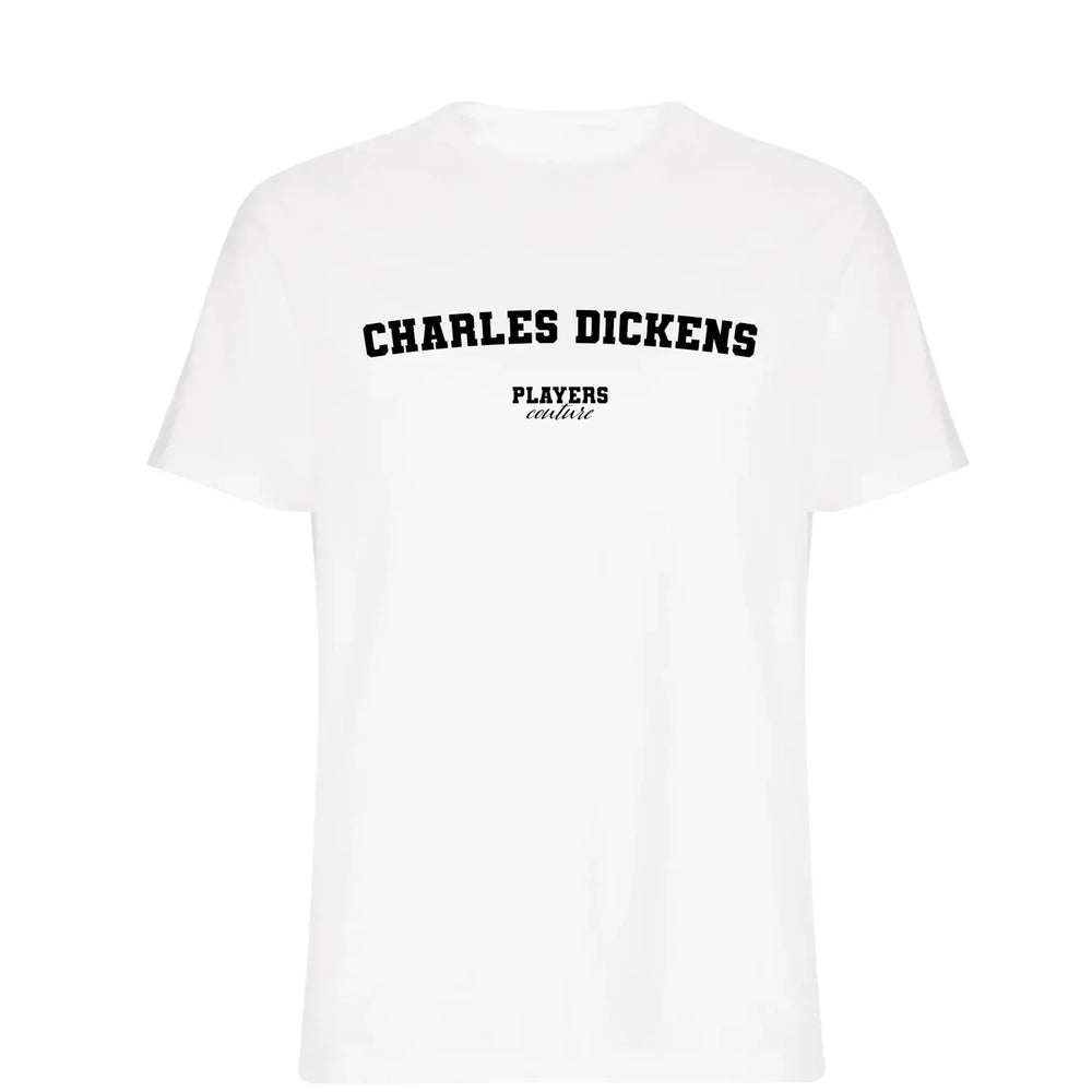 Charles Dickens t-shirt – white men's t-shirt with black Charles Dickens letters and Players Couture logo on the chest