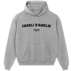 Charli D’Amelio hoodie – grey men's hoodie with black Charli D’Amelio letters and Players Couture logo on the chest