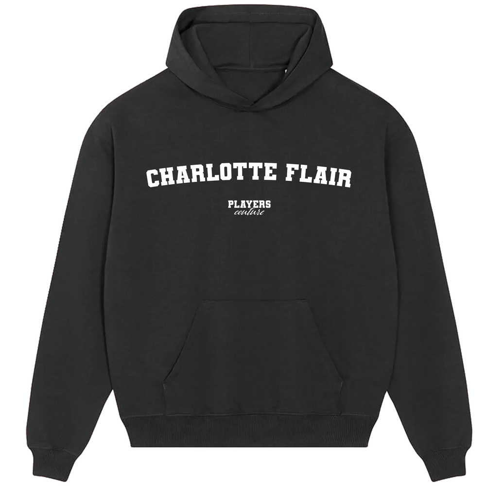 Charlotte Flair hoodie – black men's hoodie with white Charlotte Flair letters and Players Couture logo on the chest