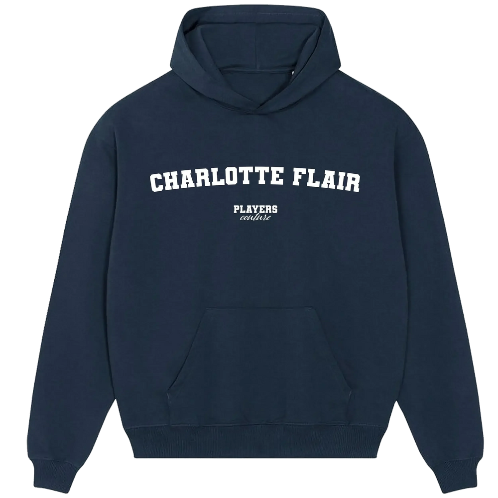 Charlotte Flair hoodie – navy men's hoodie with white Charlotte Flair letters and Players Couture logo on the chest