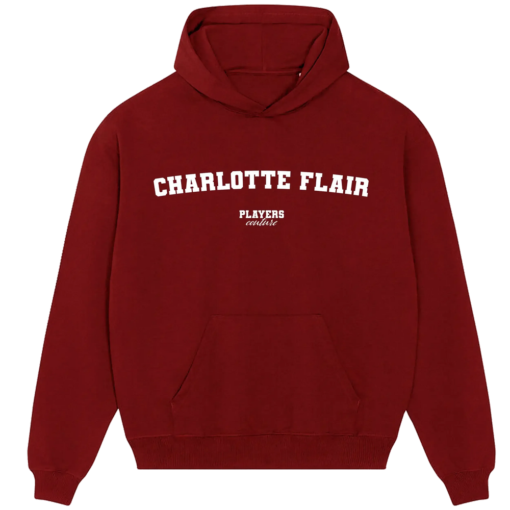 Charlotte Flair hoodie – red men's hoodie with white Charlotte Flair letters and Players Couture logo on the chest
