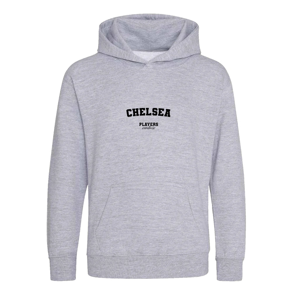 Chelsea hoodie – grey kids' hoodie with black Chelsea letters and Players Couture logo on the chest