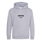 Chelsea hoodie – grey kids' hoodie with black Chelsea letters and Players Couture logo on the chest