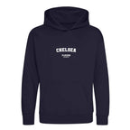 Chelsea hoodie – navy kids' hoodie with white Chelsea letters and Players Couture logo on the chest