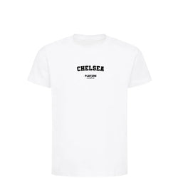 Chelsea t-shirt – white kids' t-shirt with black Chelsea letters and Players Couture logo on the chest